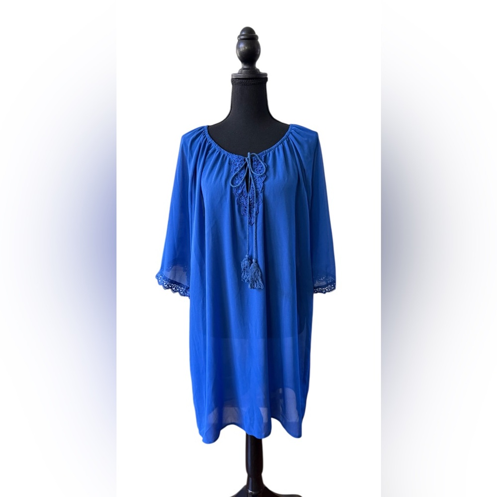 Soteer Blue Lace-Trimmed Boho V Neck Dress Coverup with Tassel Ties